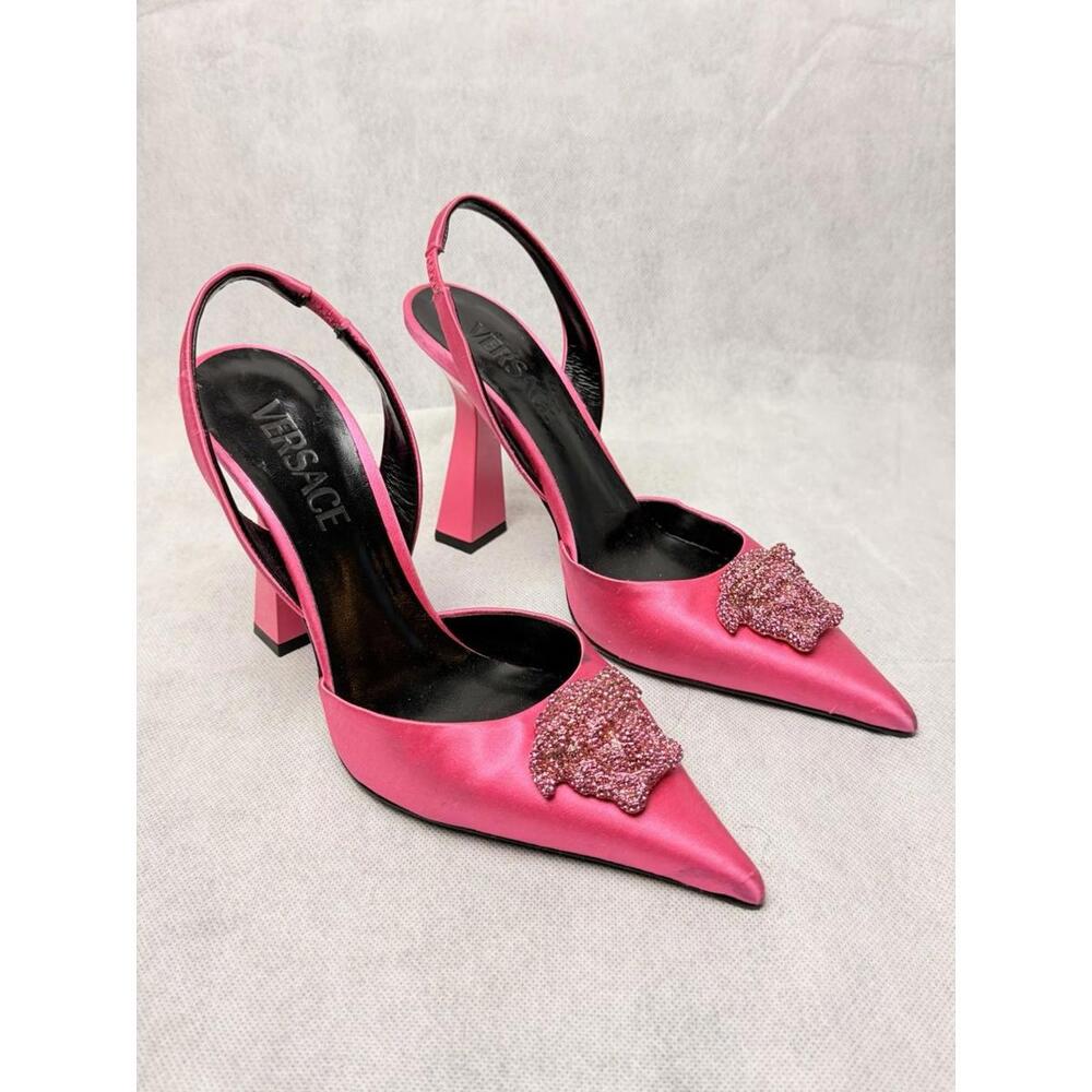 Versace La Medusa Slingback Pumps Pink Satin Crystal Medusa SZ 36 US 6 New